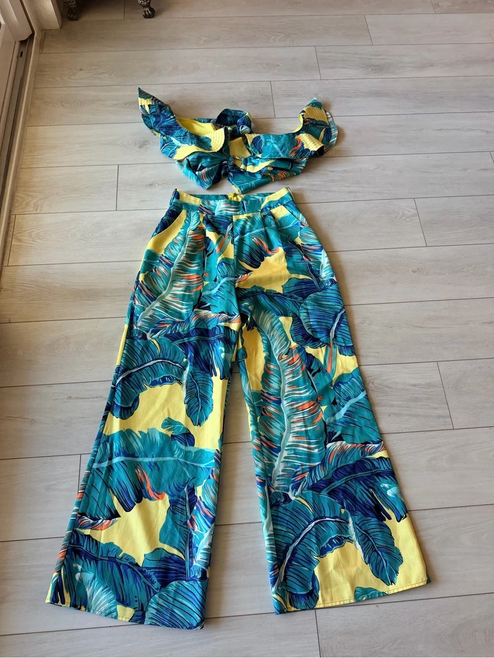 High-Waist Tropical Leaf Wide Leg Pants - Green & Yellow